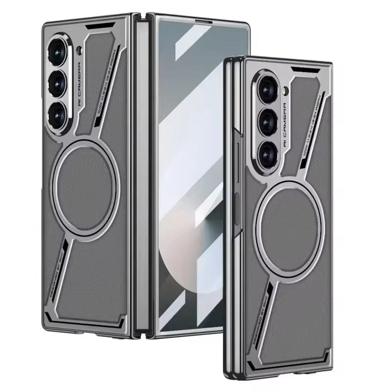Samsung Galaxy Z Fold 6 Z Shape Electroplated Magnetic PU Leather Wireless Charging Case Cover