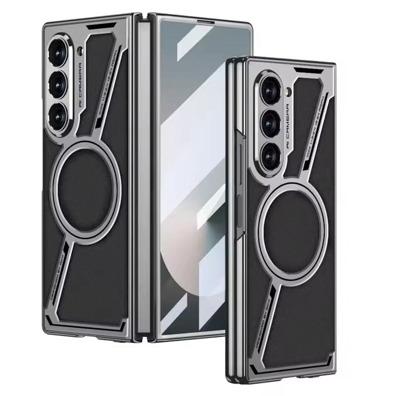 Samsung Galaxy Z Fold 6 Z Shape Electroplated Magnetic PU Leather Wireless Charging Case Cover