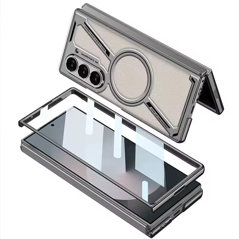Samsung Galaxy Z Fold 6 Z Shape Electroplated Magnetic PU Leather Wireless Charging Case Cover