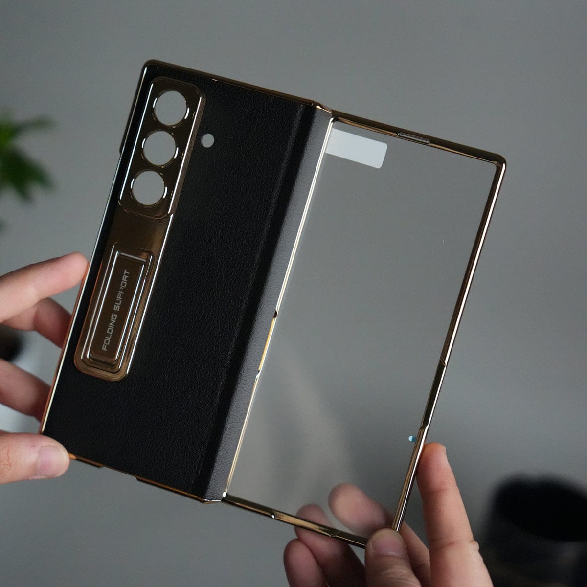 Galaxy Z Fold 7 Premium Leather Case | Front Glass | Gold Plated Camera Frame with Kickstand