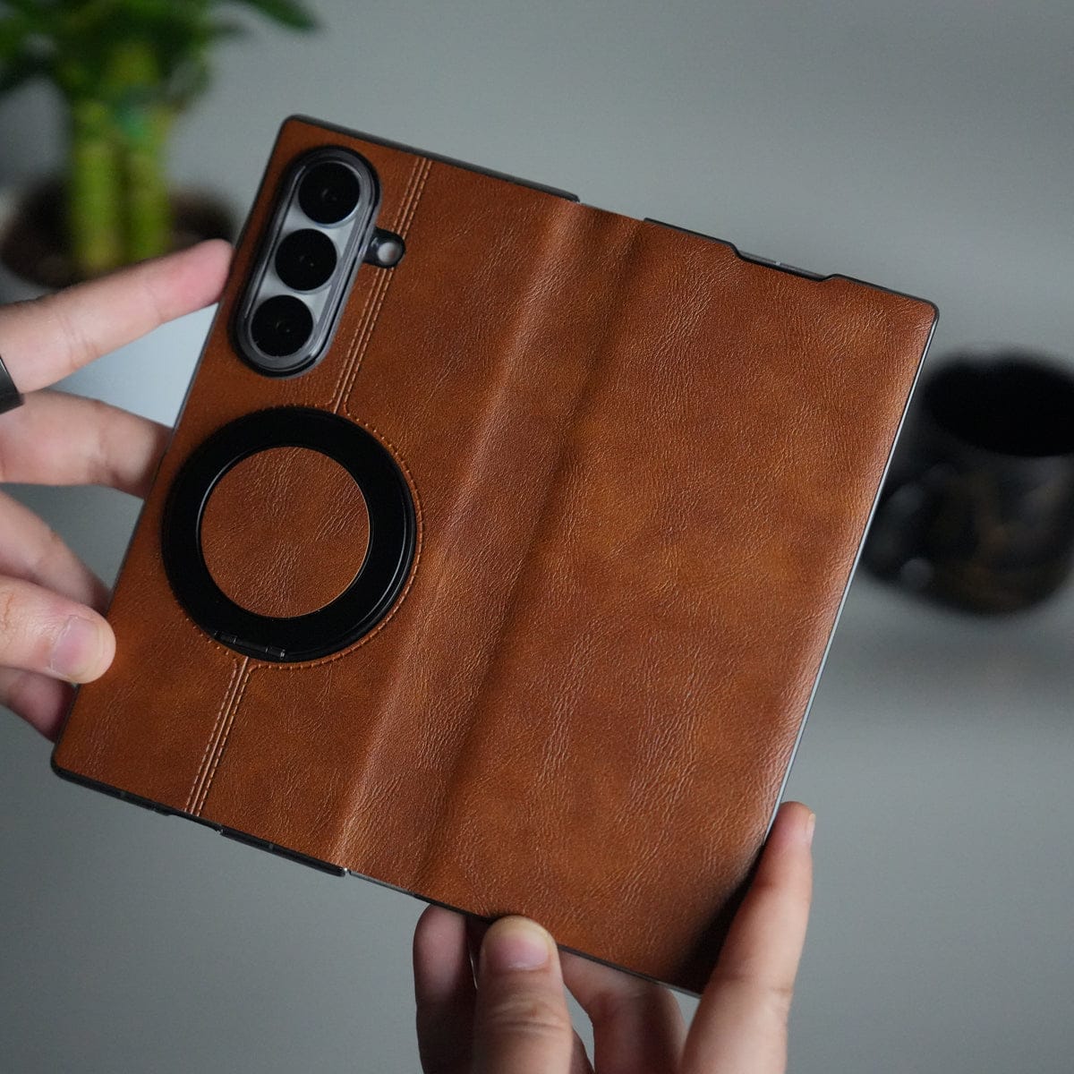 Galaxy Z Fold 6 Luxury Leather Rotating Ring Stand Case