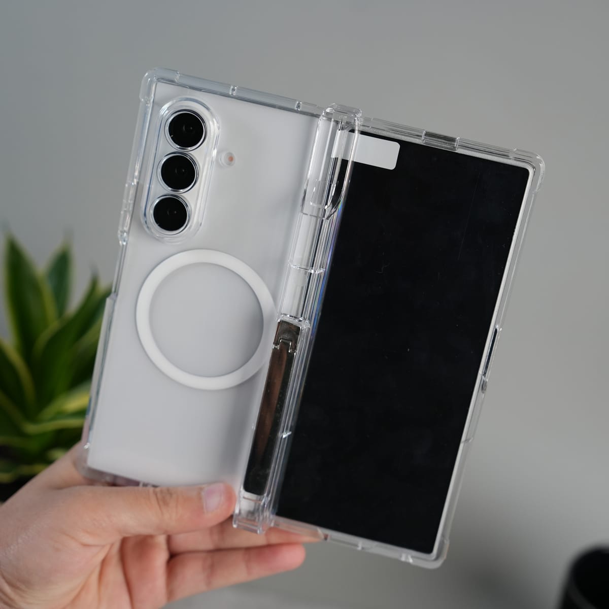 Galaxy Z Fold 7 Clear MagSafe Case with S Pen Holder, Kickstand & Hinge Protection | Transparent Shockproof Cover