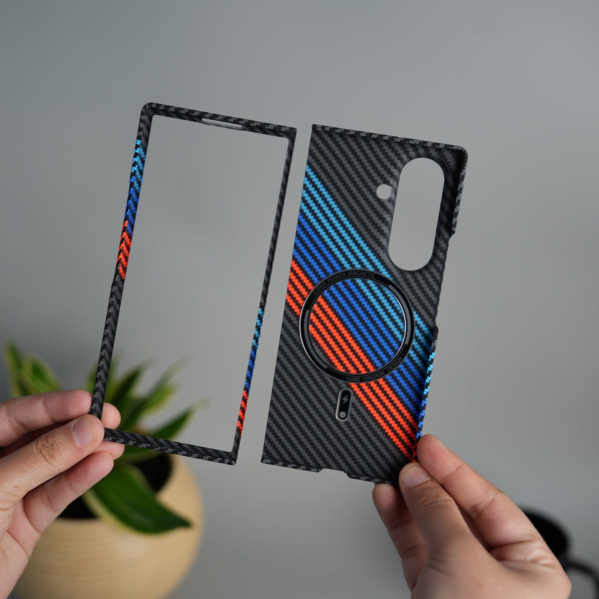 Galaxy Z Fold 6 Carbon Fiber Texture Design Hard Pc MagSafe Case Cover BlueOrangeLine Design