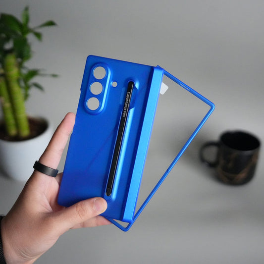 Galaxy Z Fold 7 Case with S-Pen Slot & Front Glass | Matte Hard Back Cover | Blue
