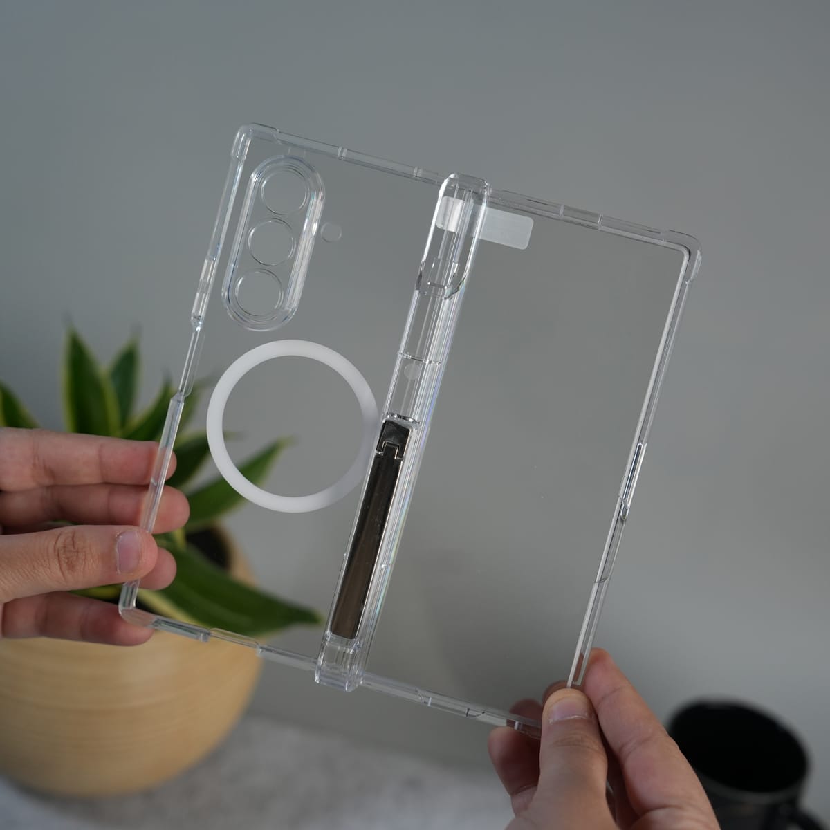 Galaxy Z Fold 7 Clear MagSafe Case with S Pen Holder, Kickstand & Hinge Protection | Transparent Shockproof Cover