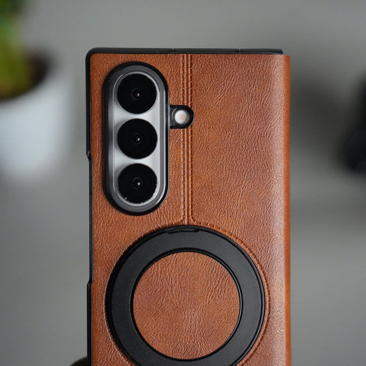 Galaxy Z Fold 6 Luxury Leather Rotating Ring Stand Case
