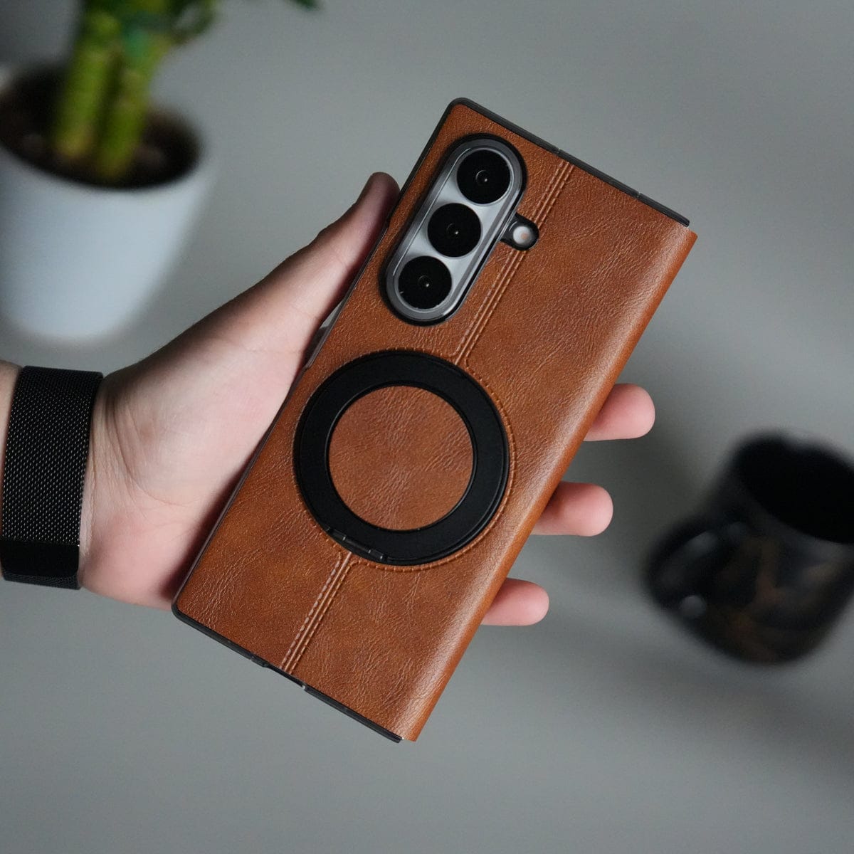 Galaxy Z Fold 6 Luxury Leather Rotating Ring Stand Case