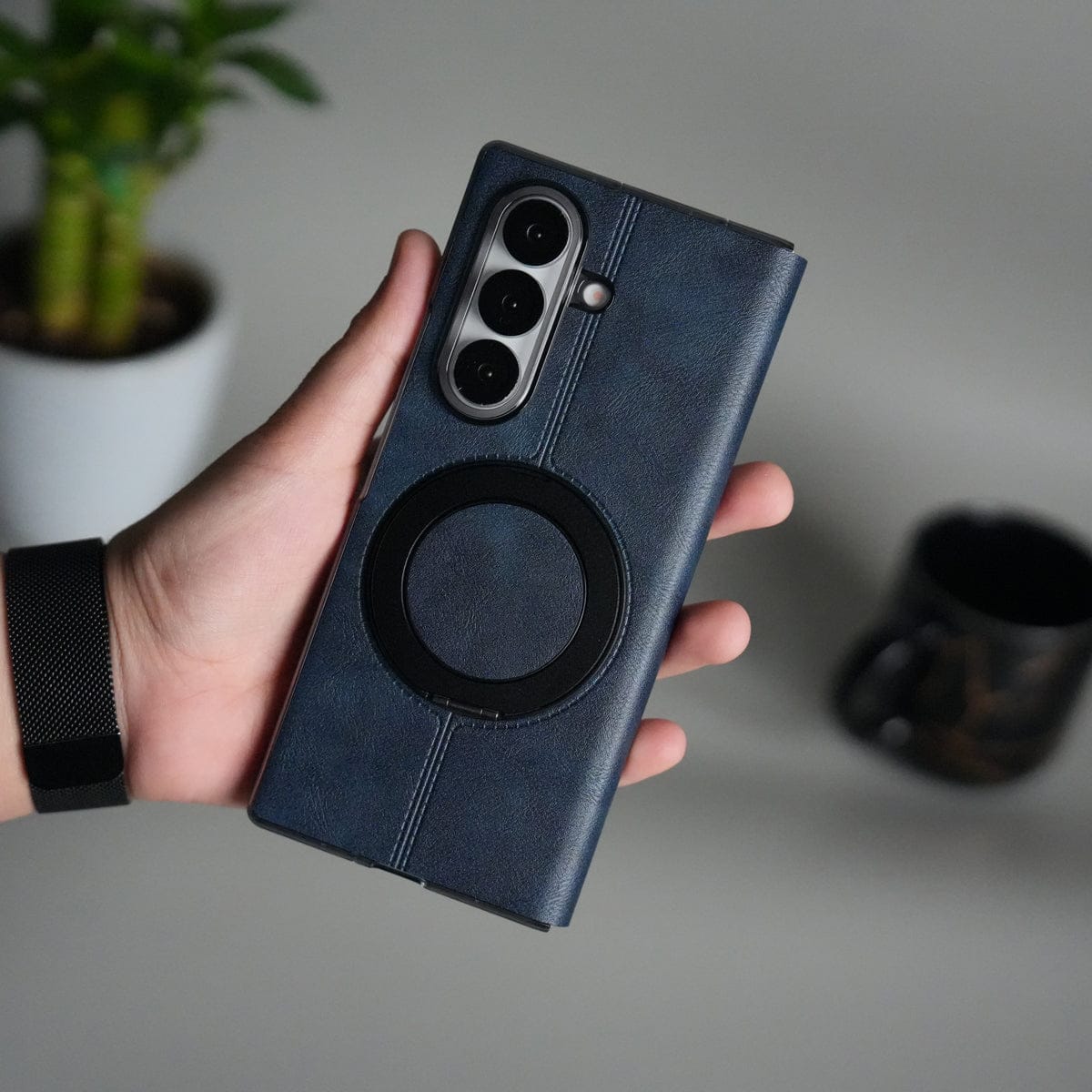 Galaxy Z Fold 6 Luxury Leather Rotating Ring Stand Case
