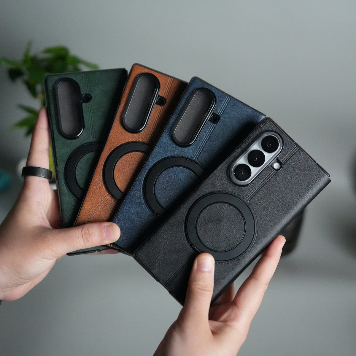 Galaxy Z Fold 7 Luxury Leather Rotating Ring Stand Case