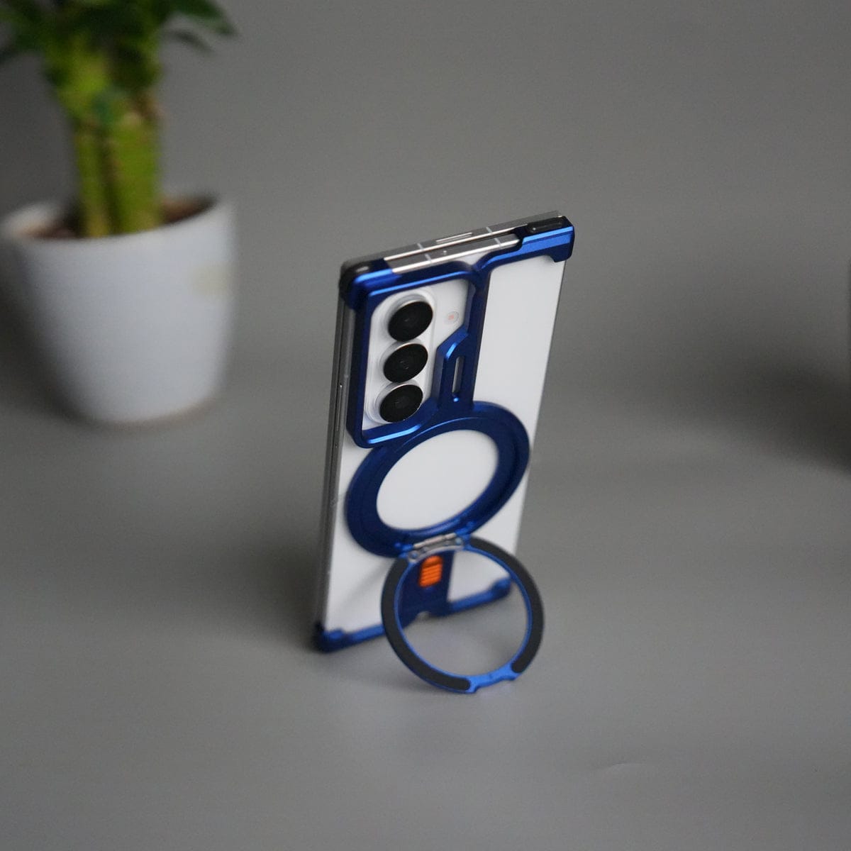 Galaxy Z Fold 7 Metal Frameless Bumper Case | Blue Aluminum Protective Cover with 360° Rotating Stand