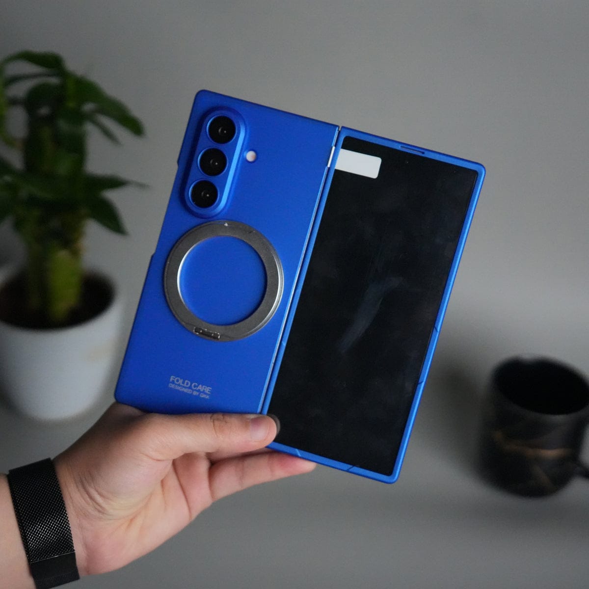 Galaxy Z Fold 7 Metal Ring Kickstand Case with Front Glass | Matte Hard Back Cover | BLUE