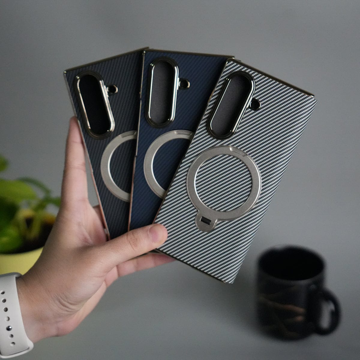 Galaxy Z Fold 7 Premium Carbon-Texture Ring Stand Flip Case | Metal Kickstand | Slim & Protective Cover