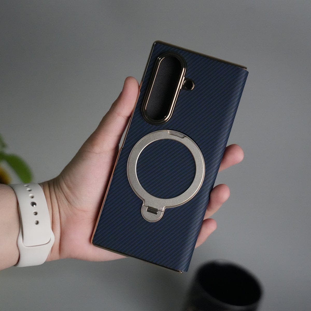 Galaxy Z Fold 7 Premium Carbon-Texture Ring Stand Flip Case | Metal Kickstand | Slim & Protective Cover