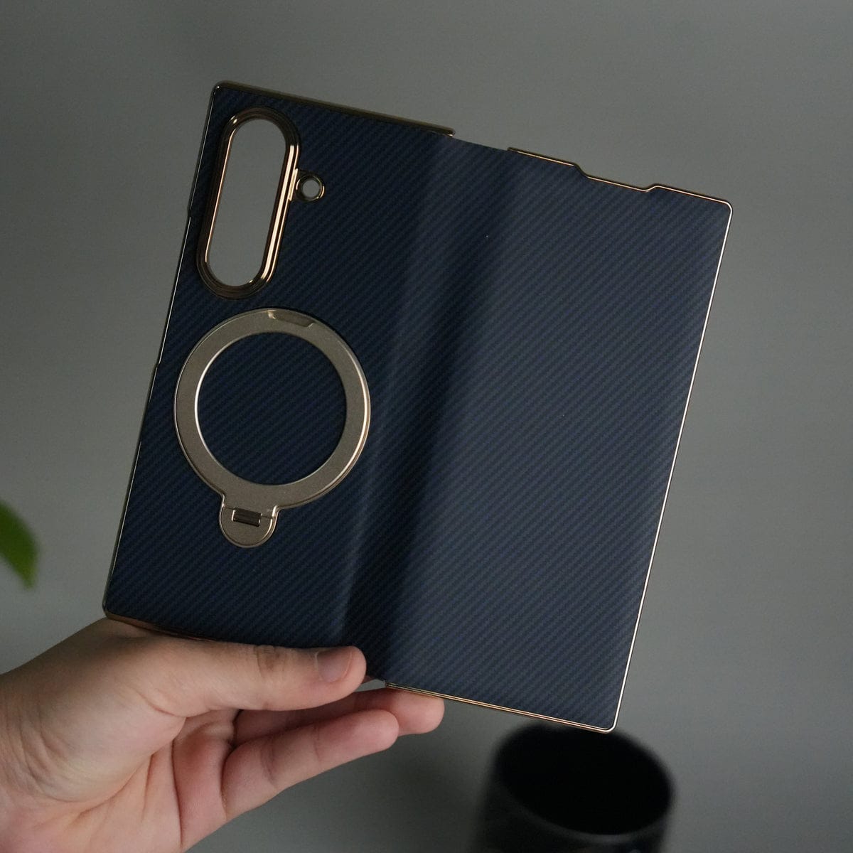 Galaxy Z Fold 7 Premium Carbon-Texture Ring Stand Flip Case | Metal Kickstand | Slim & Protective Cover