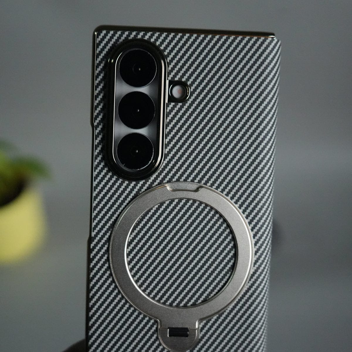 Galaxy Z Fold 7 Premium Carbon-Texture Ring Stand Flip Case | Metal Kickstand | Slim & Protective Cover