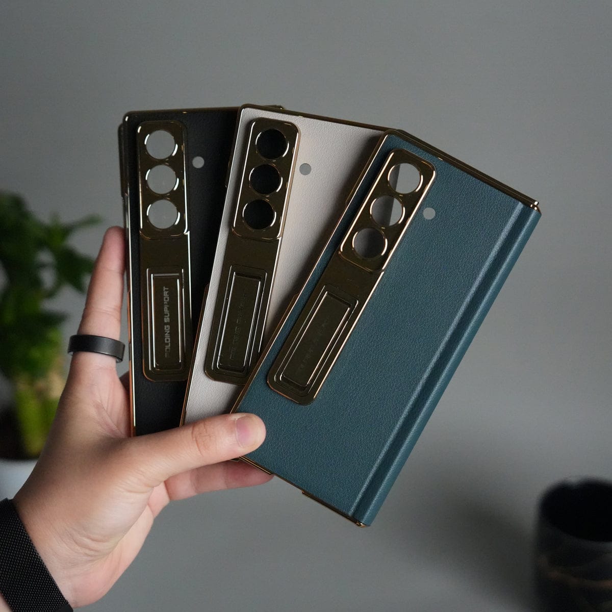 Galaxy Z Fold 7 Premium Leather Case | Front Glass | Gold Plated Camera Frame with Kickstand