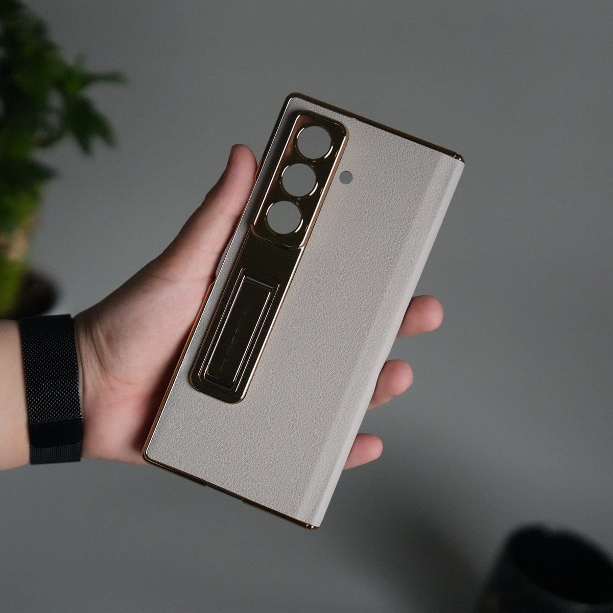 Galaxy Z Fold 7 Premium Leather Case | Front Glass | Gold Plated Camera Frame with Kickstand