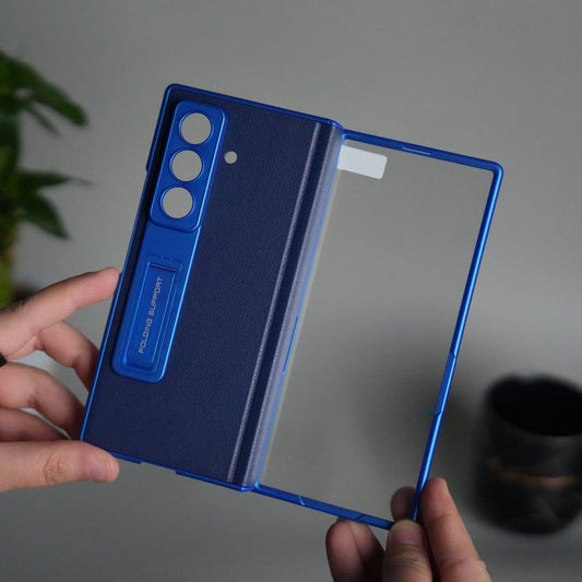 Galaxy Z Fold 7 PU Leather Kickstand Case with Front Glass | Hinge Protection | Slim Matte Hard Back Cover | BLUE