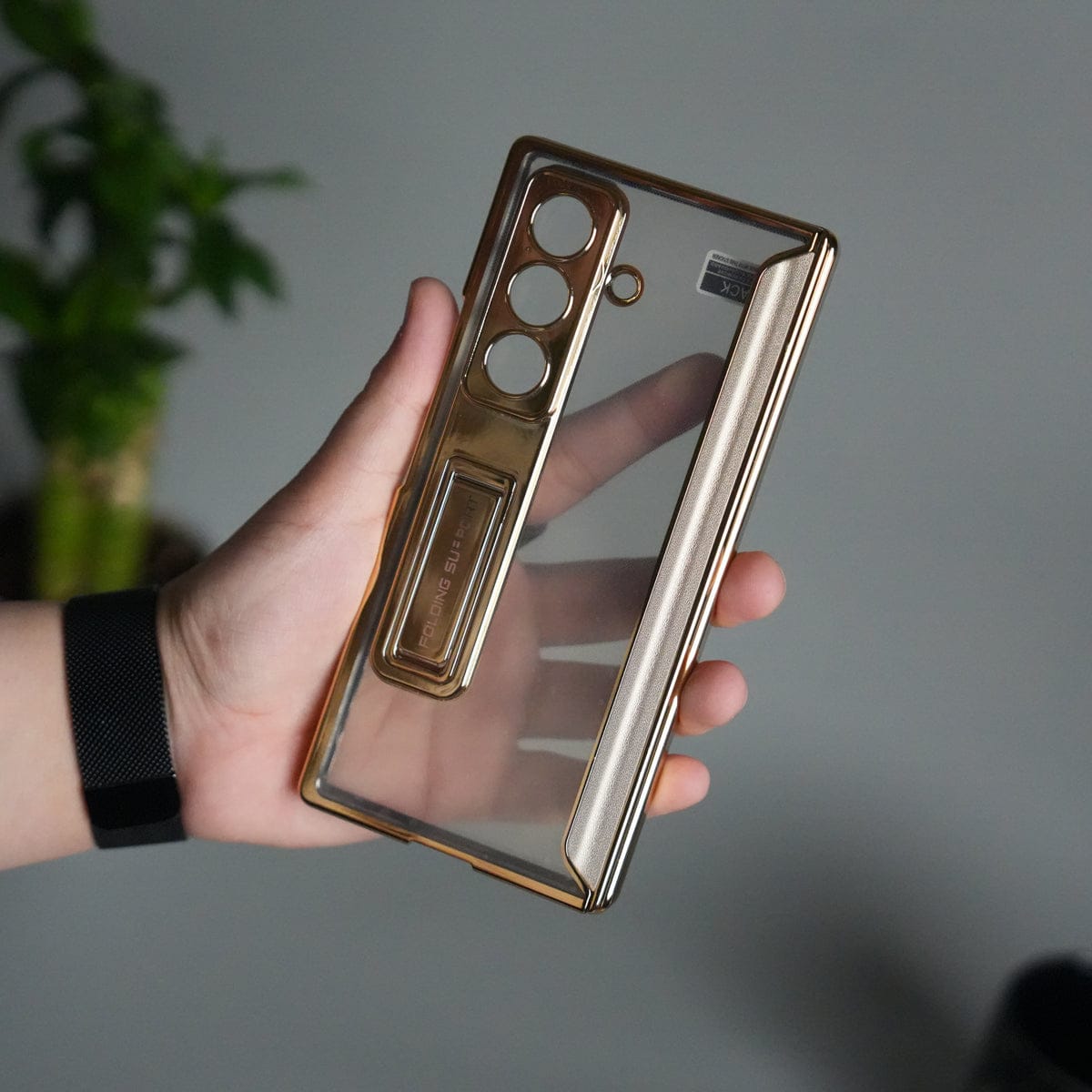 Galaxy Z Fold 7 Transparent Case with Front Glass Protection | Chrome Plated Frame & Kick Stand
