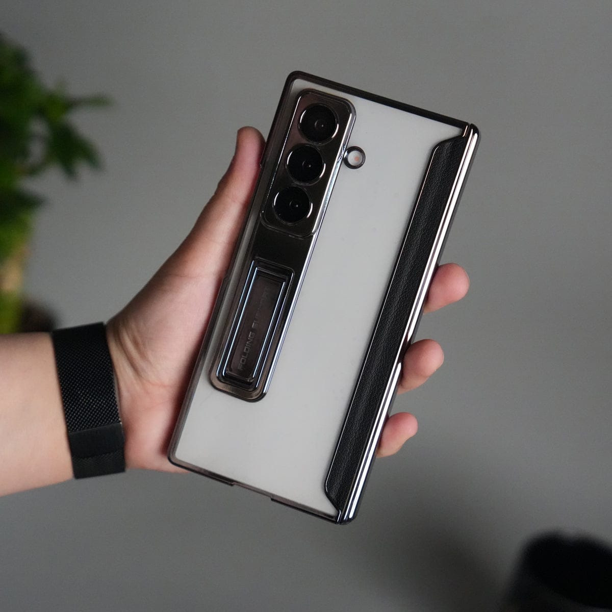 Galaxy Z Fold 7 Transparent Case with Front Glass Protection | Chrome Plated Frame & Kick Stand