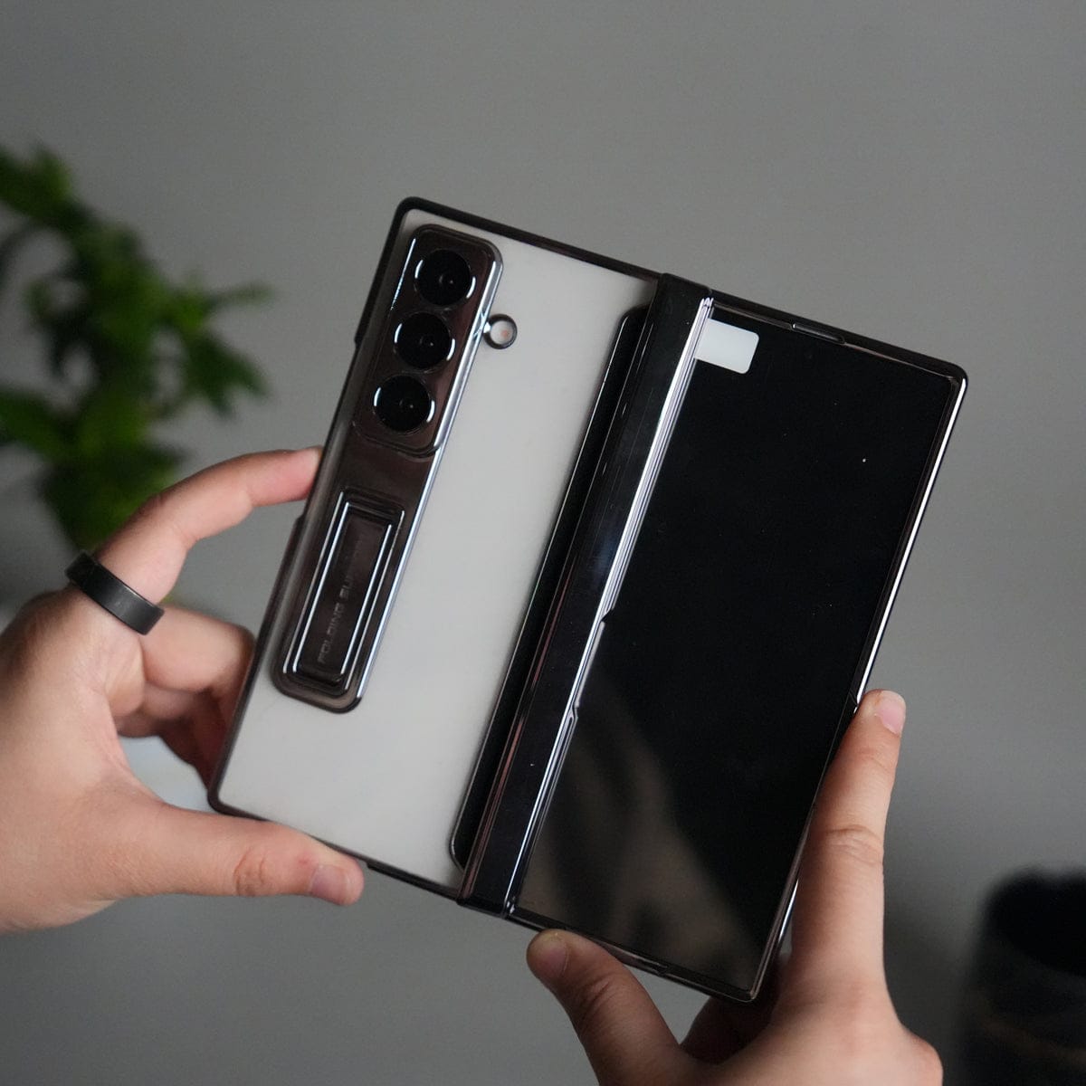 Galaxy Z Fold 7 Transparent Case with Front Glass Protection | Chrome Plated Frame & Kick Stand