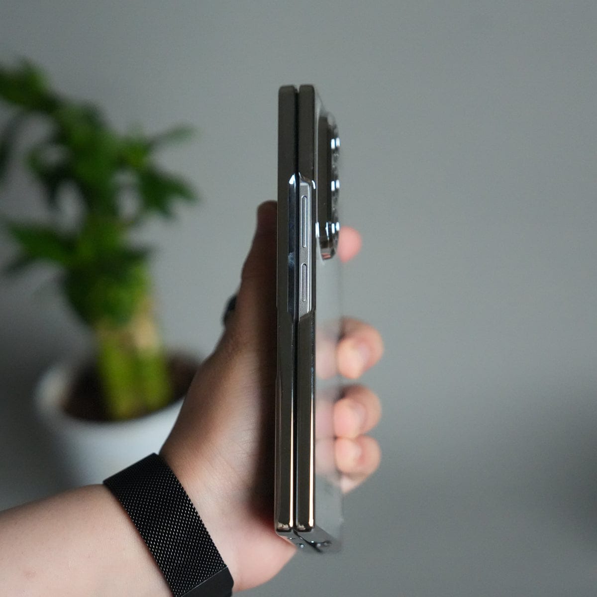 Galaxy Z Fold 7 Transparent Case with Front Glass Protection | Chrome Plated Hinge & Kick Stand