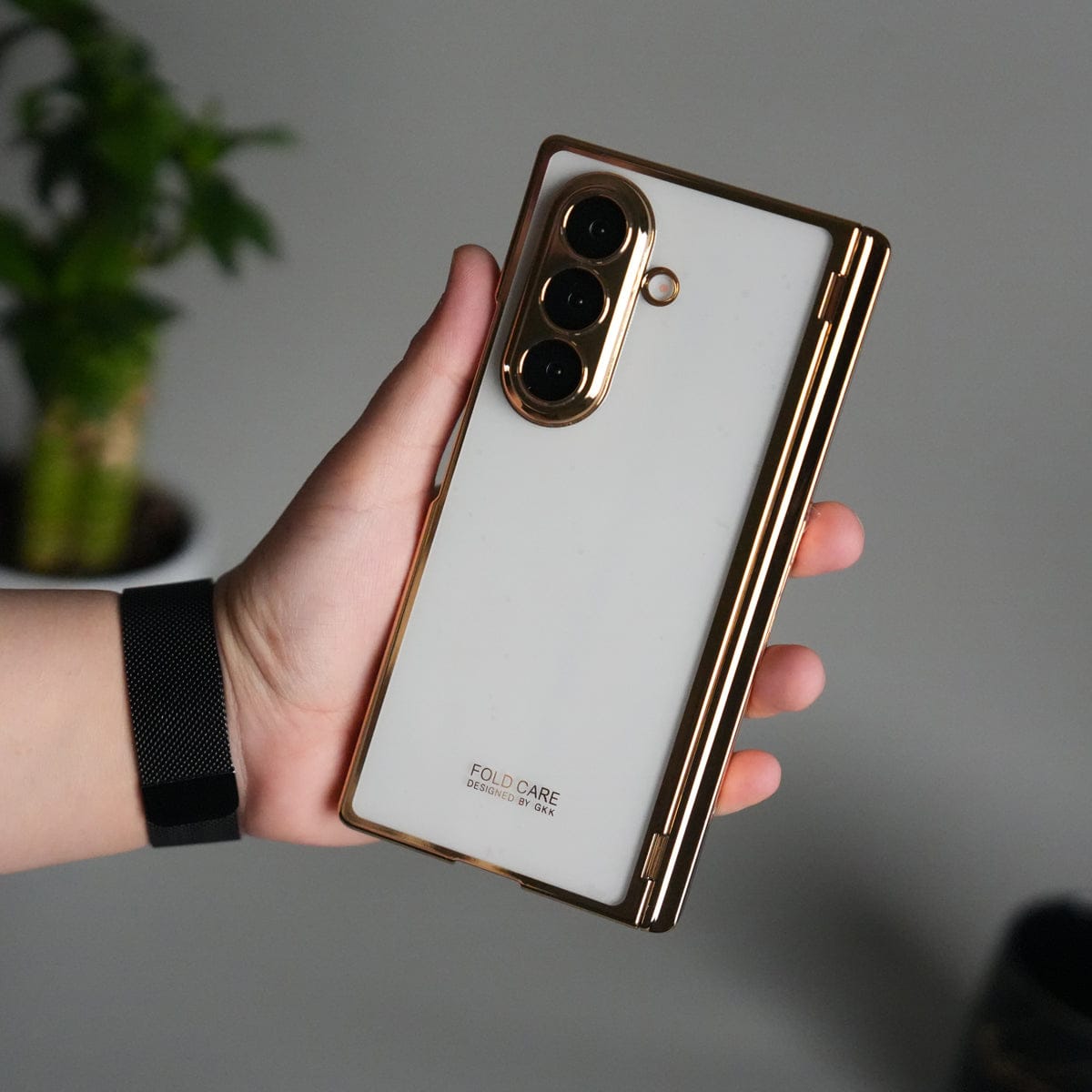 Galaxy Z Fold 7 Transparent Case with Front Glass Protection | Chrome Plated Hinge & Kick Stand