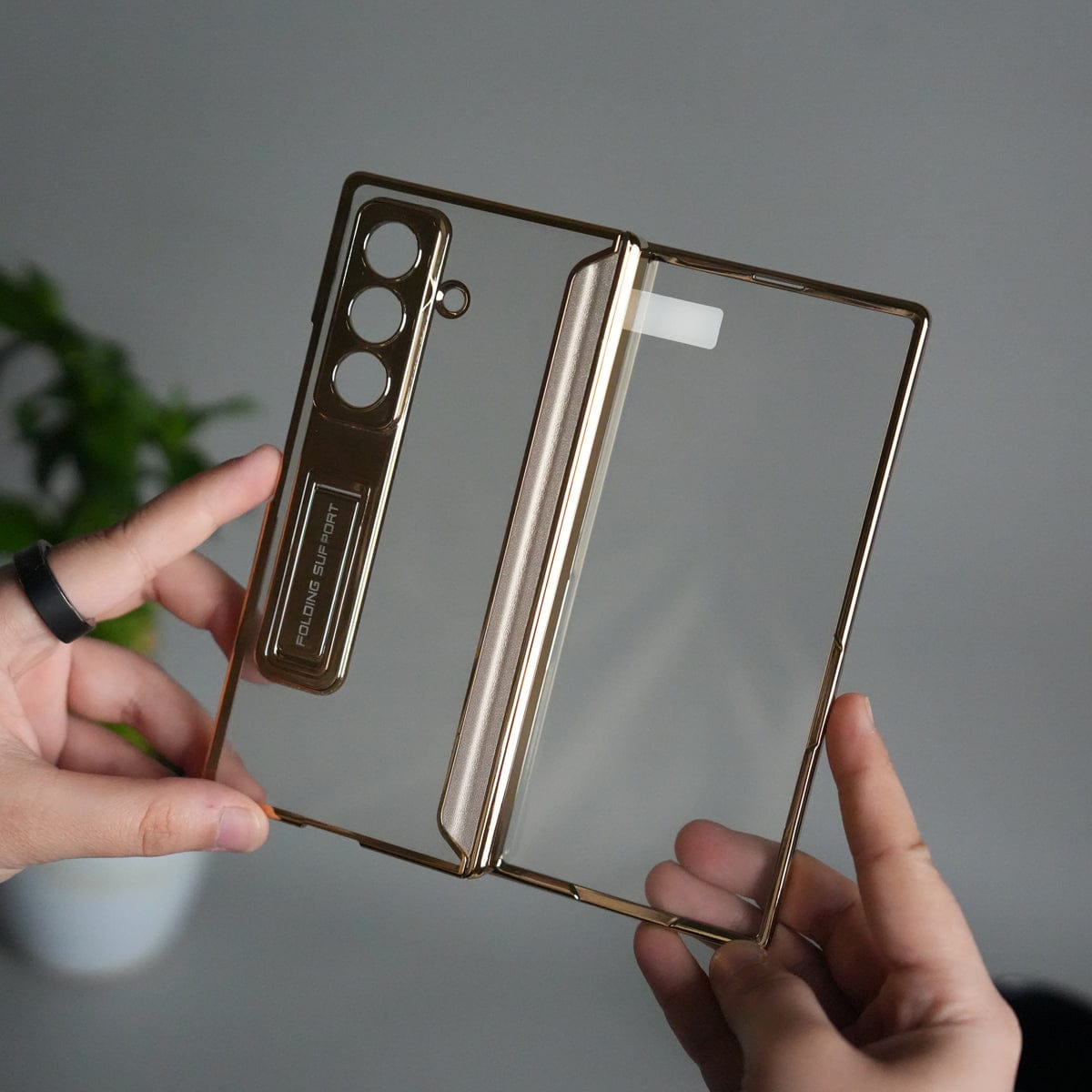 Galaxy Z Fold 7 Transparent Case with Front Glass Protection | Chrome Plated Frame & Kick Stand