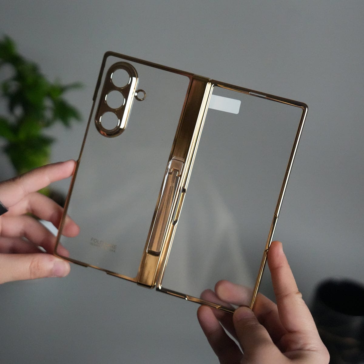 Galaxy Z Fold 7 Transparent Case with Front Glass Protection | Chrome Plated Hinge & Kick Stand