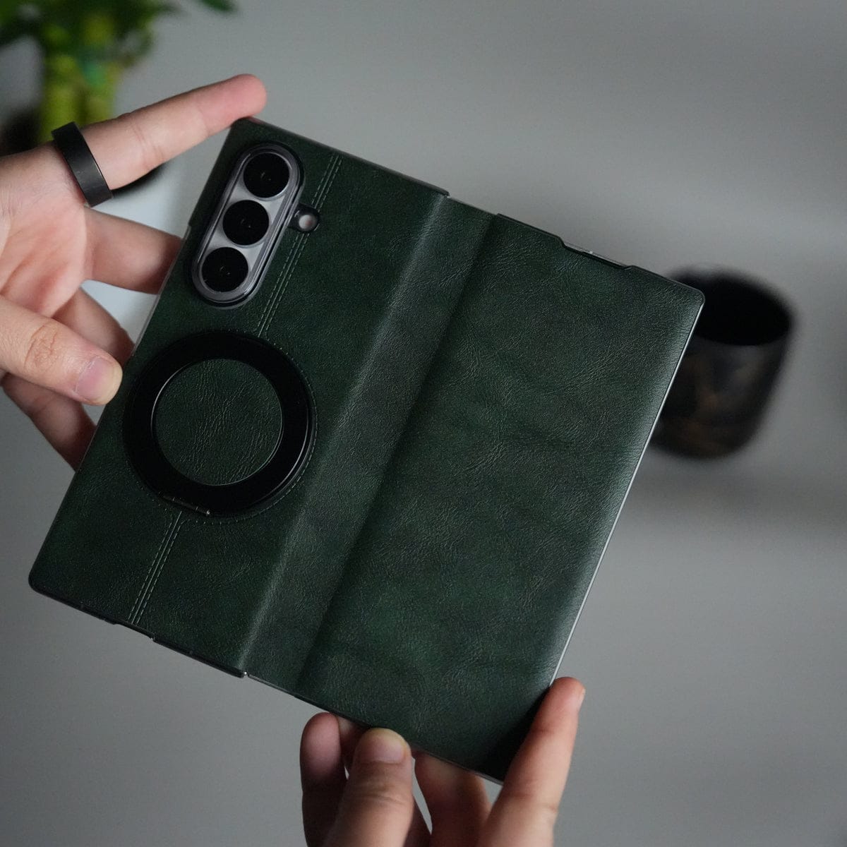 Galaxy Z Fold 6 Luxury Leather Rotating Ring Stand Case