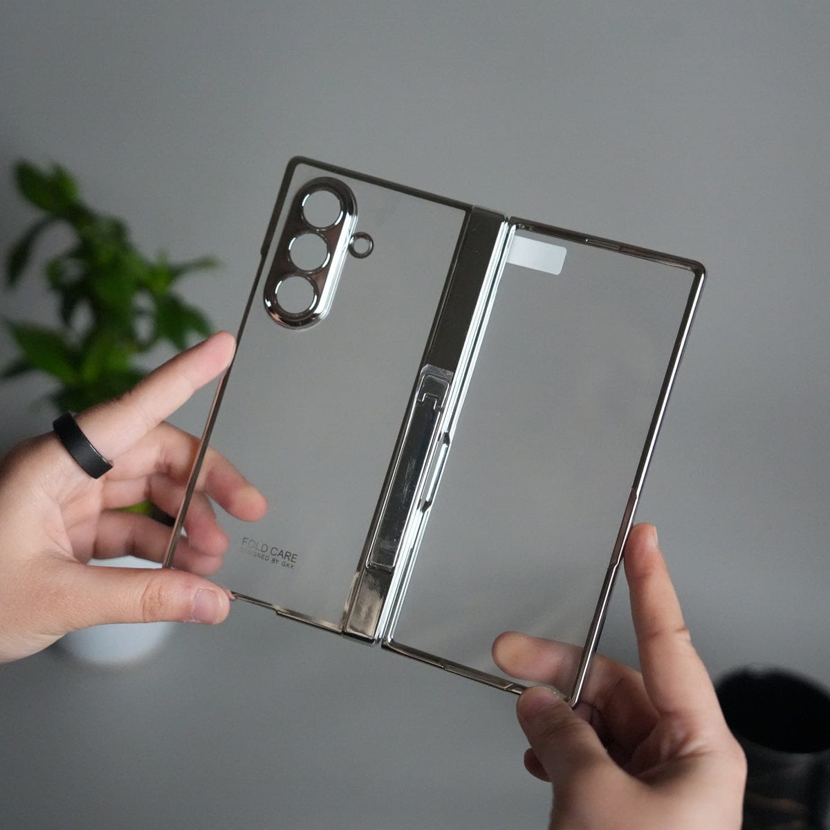 Galaxy Z Fold 7 Transparent Case with Front Glass Protection | Chrome Plated Hinge & Kick Stand