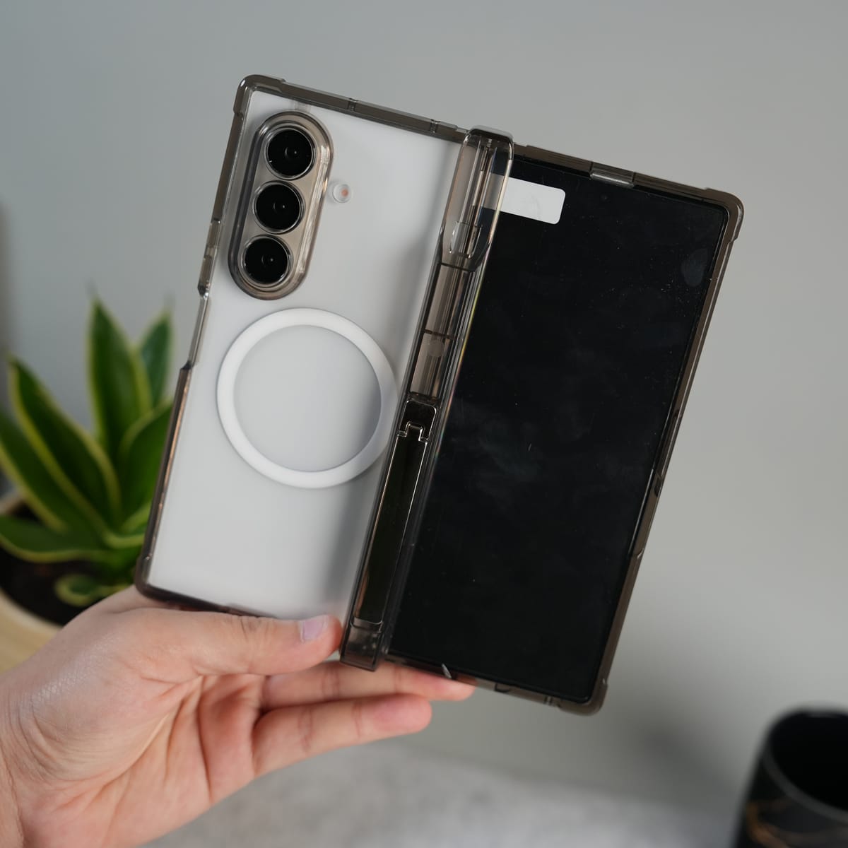 Galaxy Z Fold 7 Clear MagSafe Case with S Pen Holder, Kickstand & Hinge Protection | Transparent Shockproof Cover