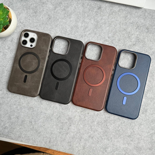 iPhone 15 Pro Metallic Textured Leather MagSafe Ring Case Cover