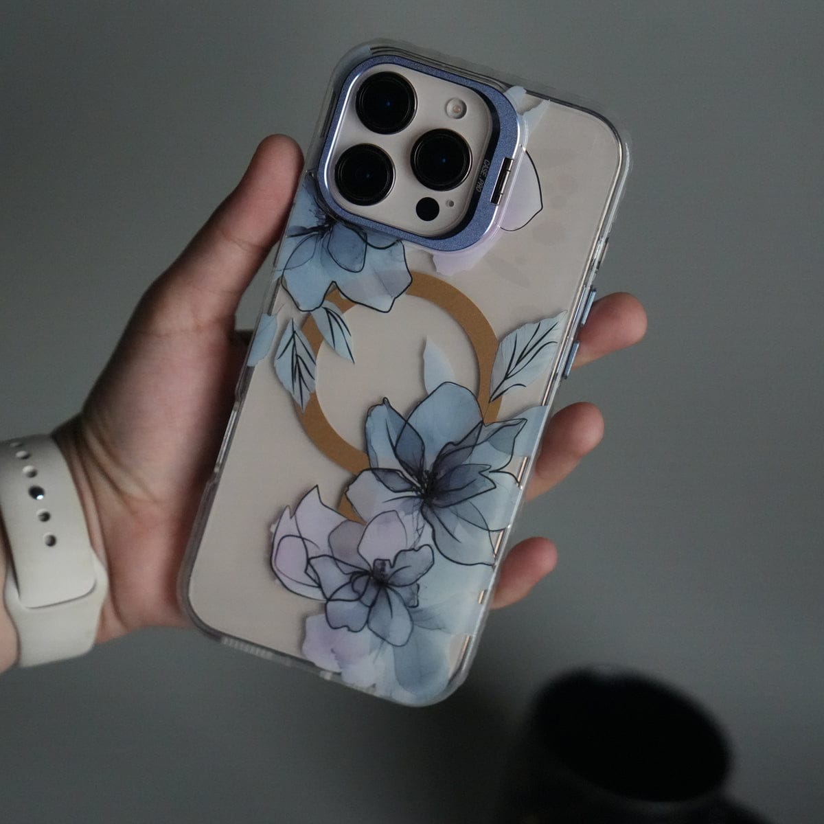 iPhone 16 Pro Max FloraCrystal Clear Floral Design Case with Color Metal Camera Stand Frame