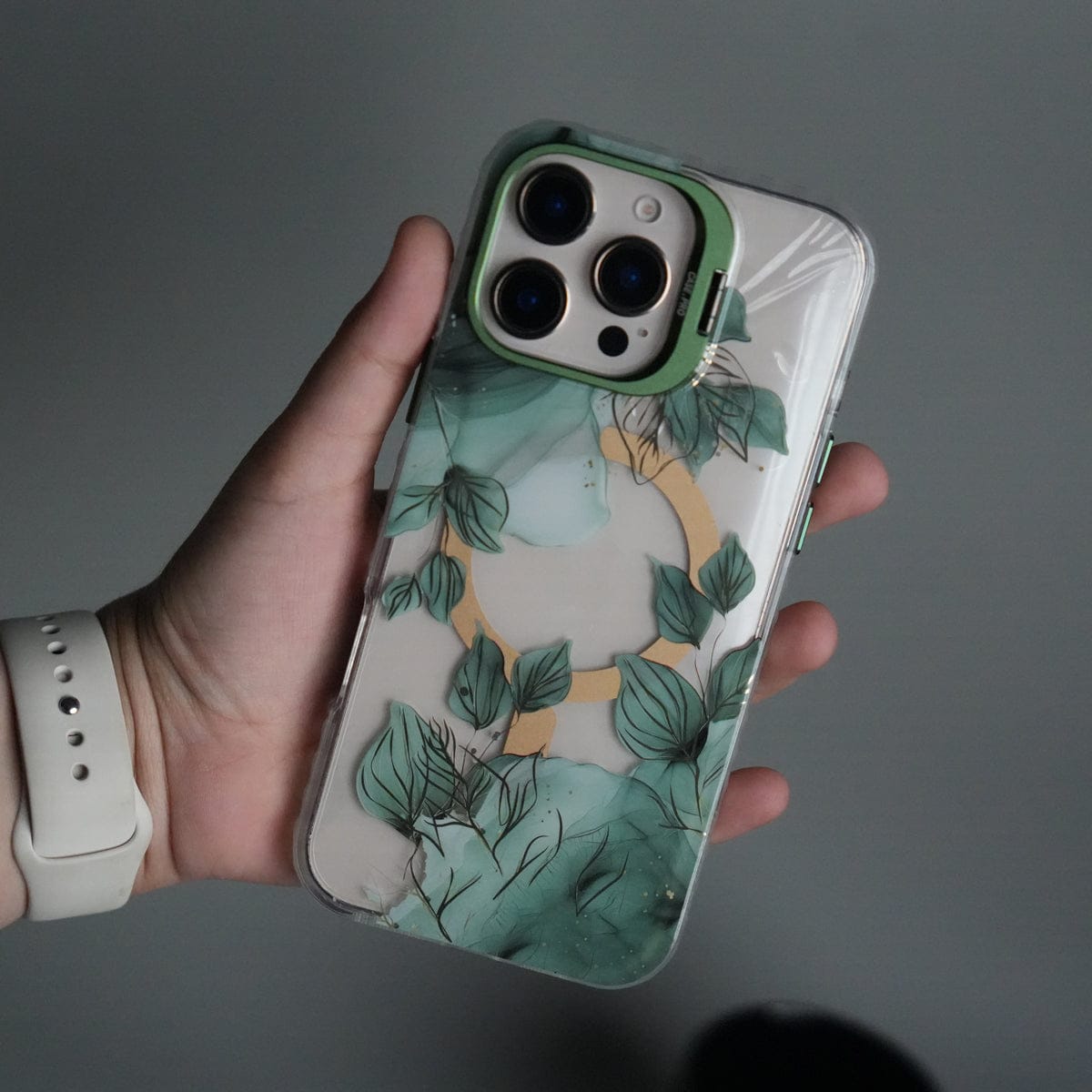iPhone 15 Pro Max FloraCrystal Clear Floral Design Case with Color Metal Camera Stand Frame