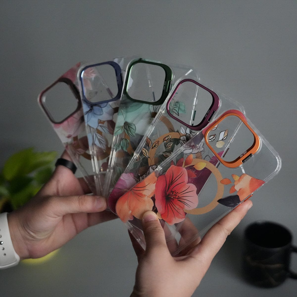 iPhone 15 Pro FloraCrystal Clear Floral Design Case with Color Metal Camera Stand Frame