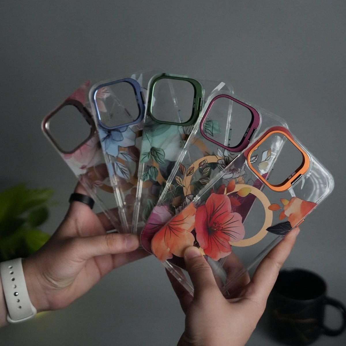 iPhone 15 Pro Max FloraCrystal Clear Floral Design Case with Color Metal Camera Stand Frame
