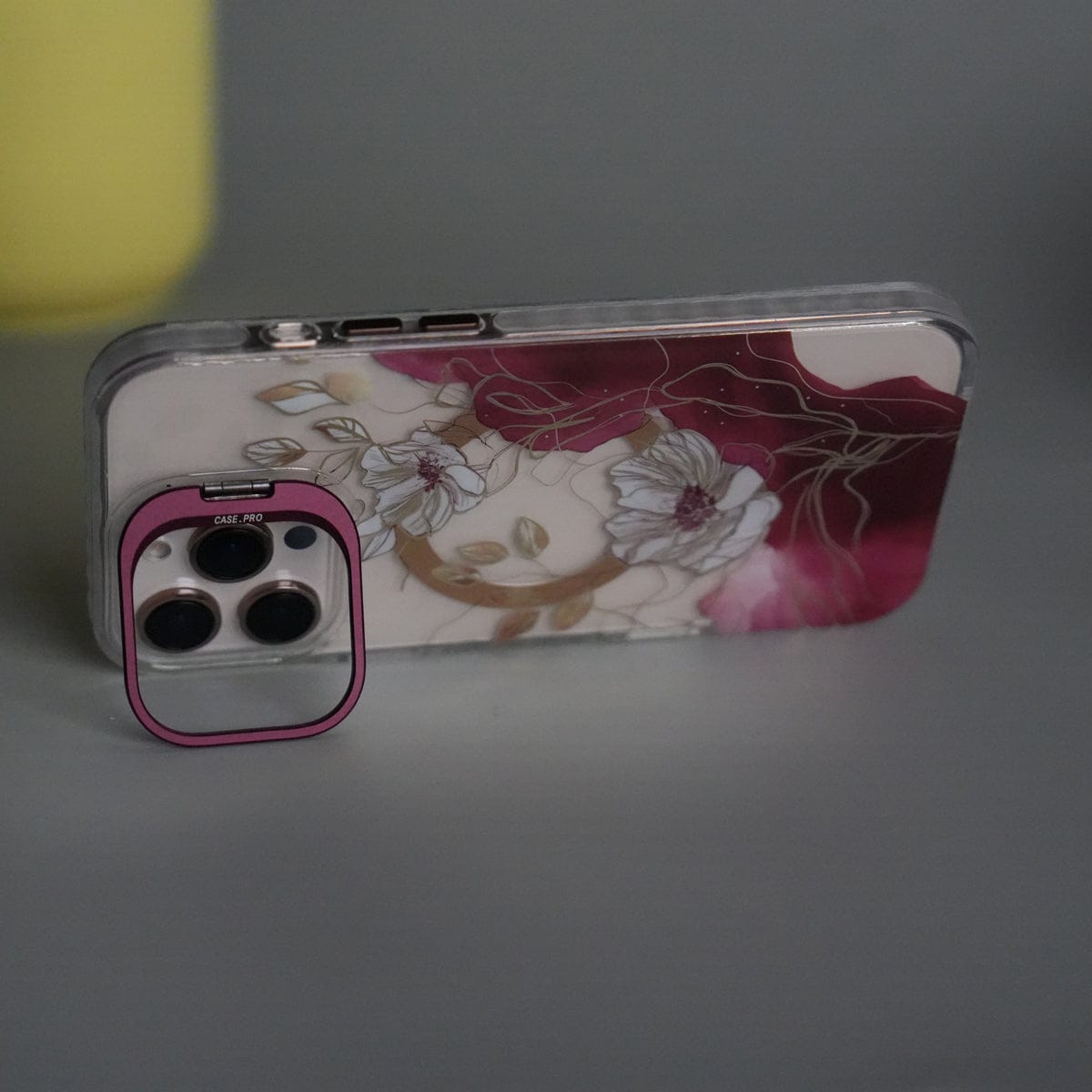 iPhone 15 Pro FloraCrystal Clear Floral Design Case with Color Metal Camera Stand Frame