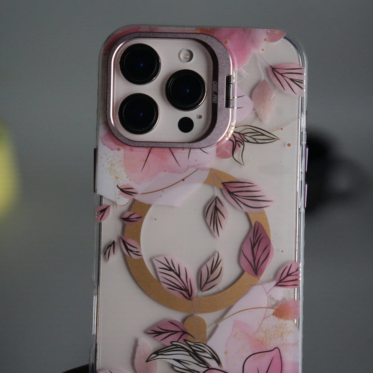 iPhone 15 Pro Max FloraCrystal Clear Floral Design Case with Color Metal Camera Stand Frame