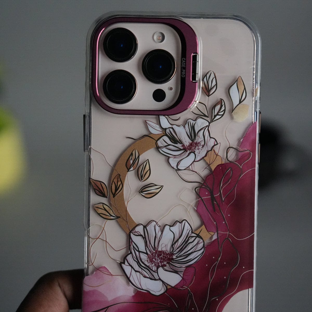 iPhone 16 Pro Max FloraCrystal Clear Floral Design Case with Color Metal Camera Stand Frame