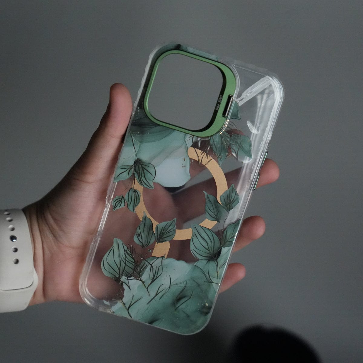 iPhone 15 Pro FloraCrystal Clear Floral Design Case with Color Metal Camera Stand Frame