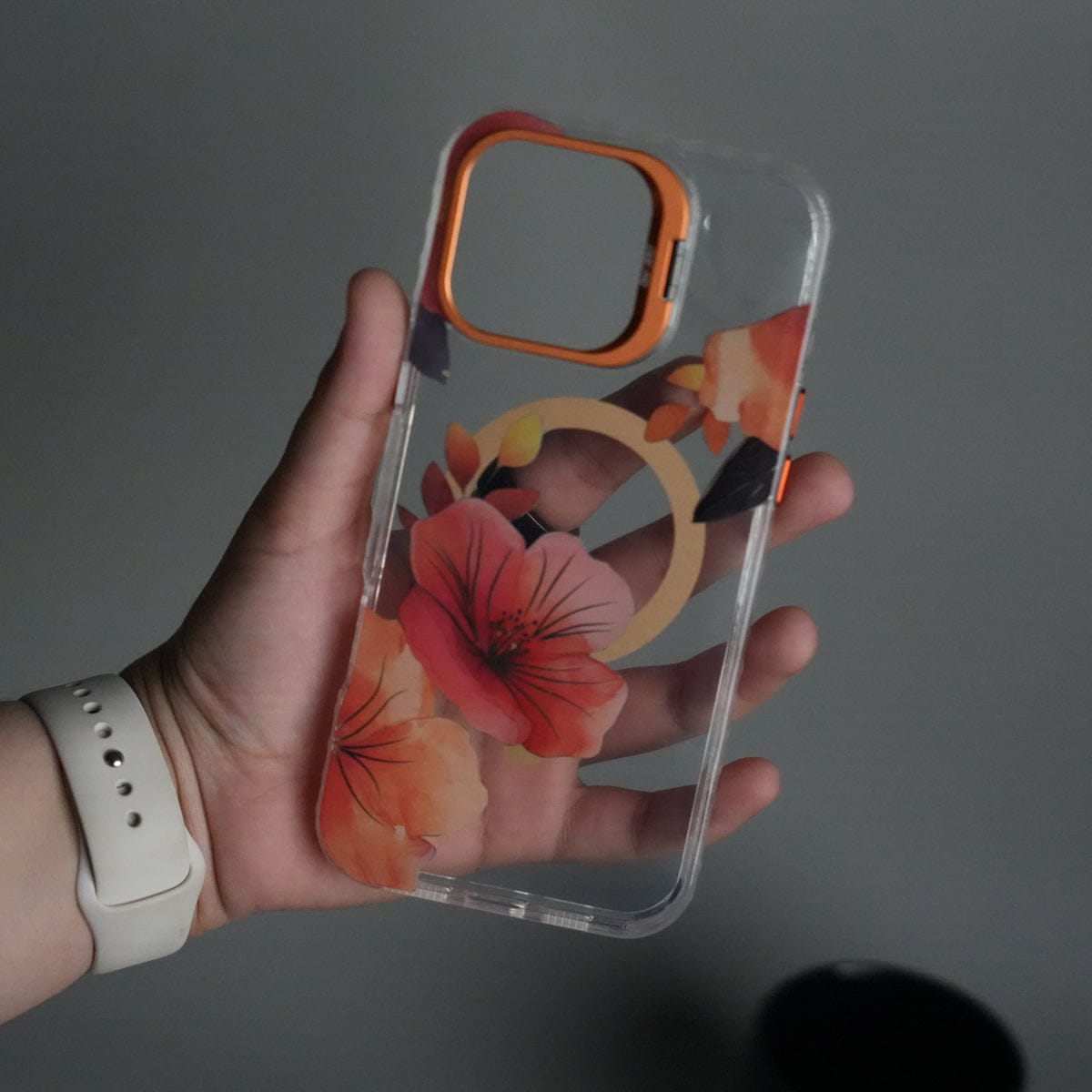 iPhone 15 Pro FloraCrystal Clear Floral Design Case with Color Metal Camera Stand Frame