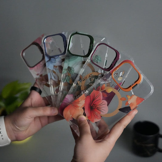 iPhone 15 Pro Max FloraCrystal Clear Floral Design Case with Color Metal Camera Stand Frame