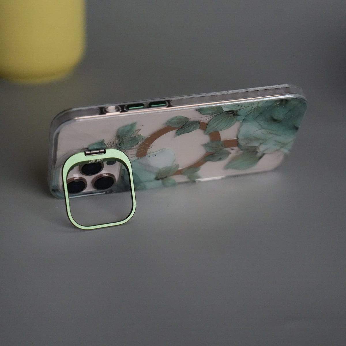 iPhone 15 Pro FloraCrystal Clear Floral Design Case with Color Metal Camera Stand Frame