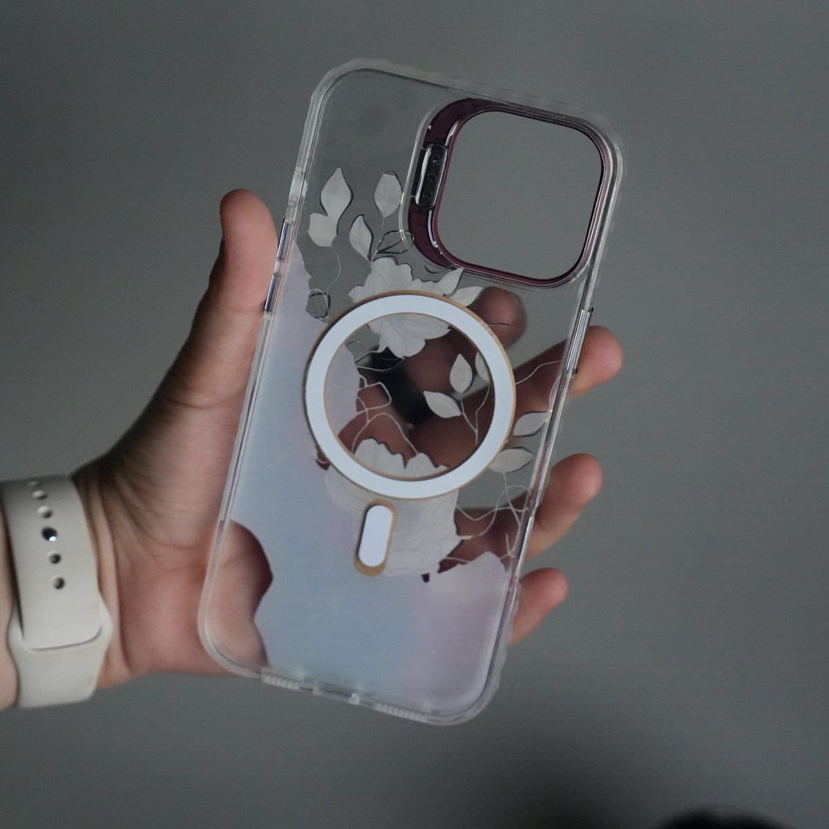 iPhone 15 Pro FloraCrystal Clear Floral Design Case with Color Metal Camera Stand Frame