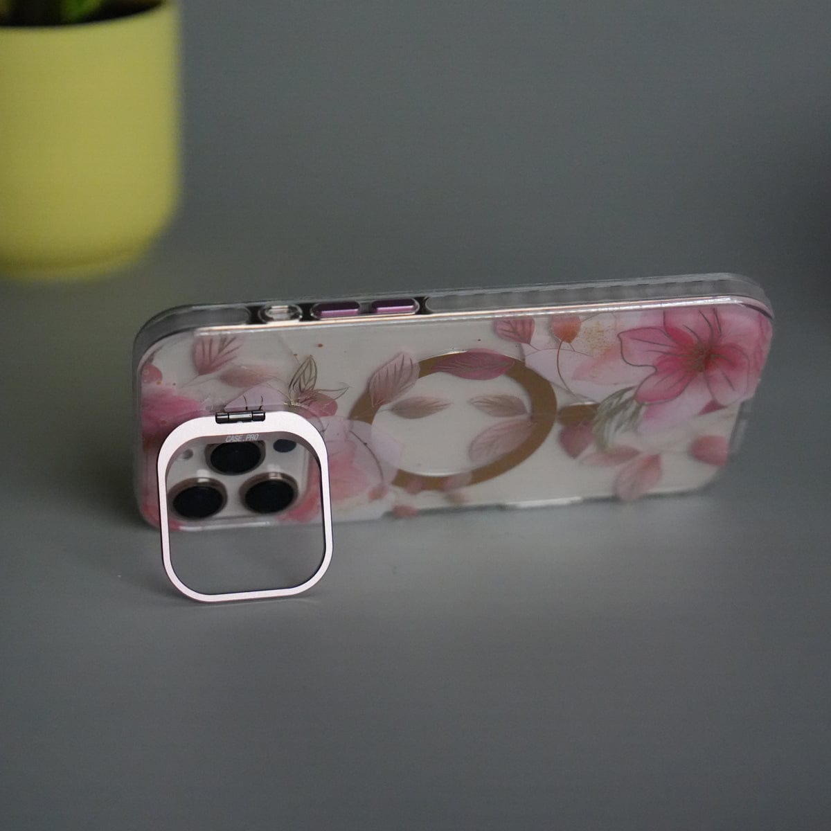 iPhone 15 Pro FloraCrystal Clear Floral Design Case with Color Metal Camera Stand Frame
