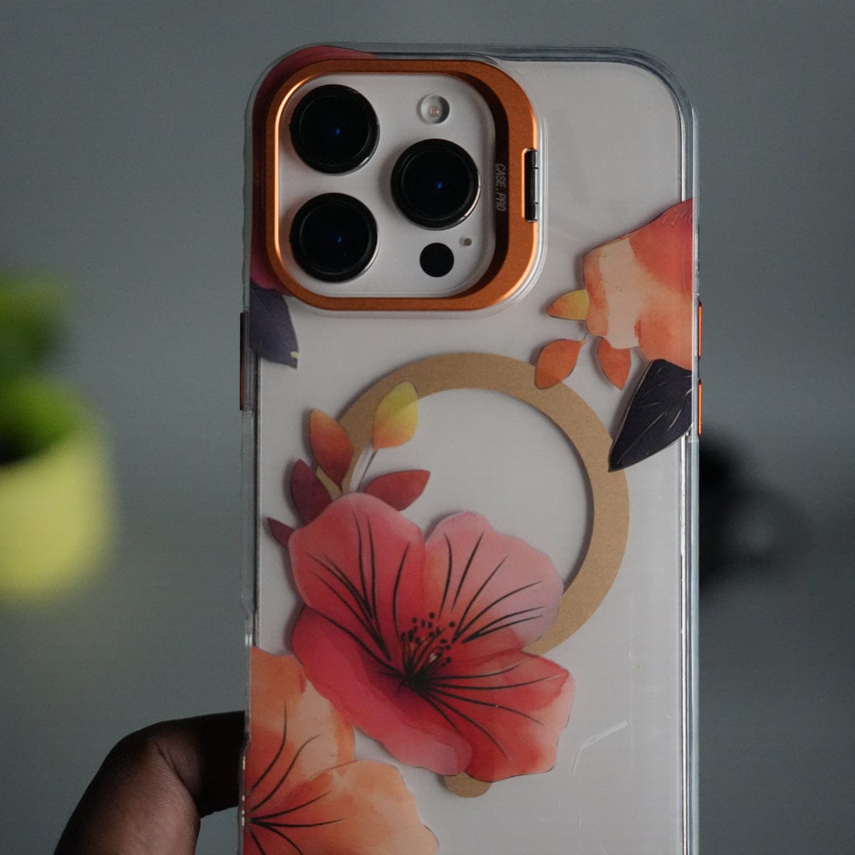 iPhone 15 Pro FloraCrystal Clear Floral Design Case with Color Metal Camera Stand Frame