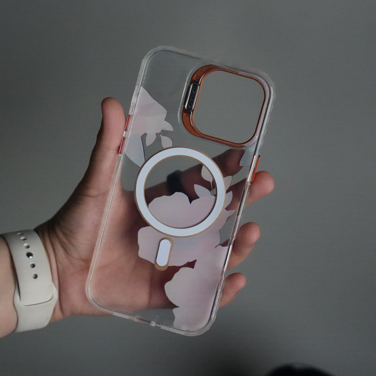 iPhone 15 Pro FloraCrystal Clear Floral Design Case with Color Metal Camera Stand Frame