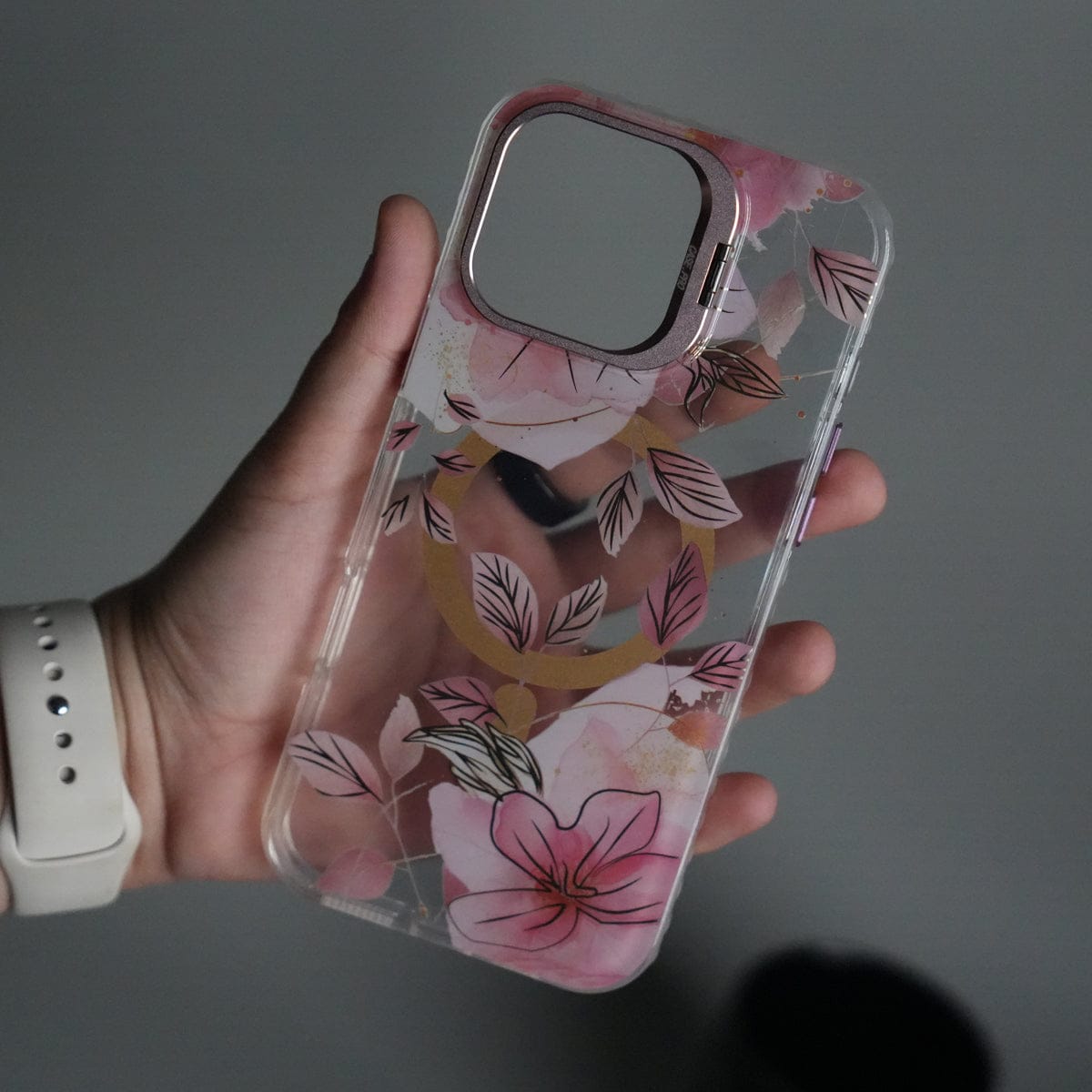iPhone 15 Pro FloraCrystal Clear Floral Design Case with Color Metal Camera Stand Frame