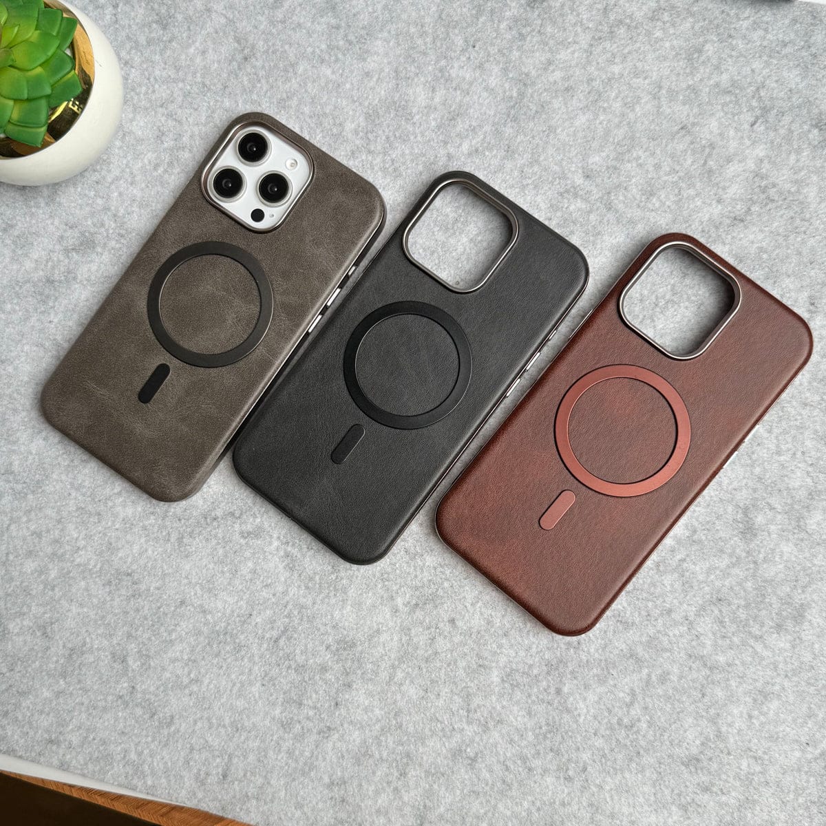 iPhone 16 Pro Metallic Textured Leather MagSafe Ring Case Cover
